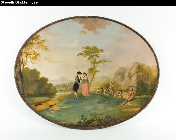 Edward Bird Decorated oval japanned tray base with painted scene from Tristram Shandy, signed and attributed to Edward Bird.